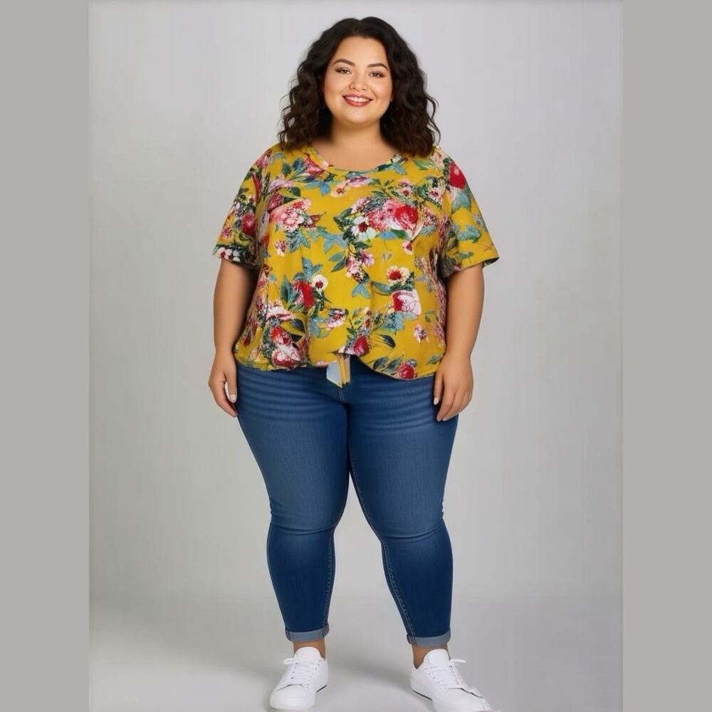 Simply Irresistible Women's Plus Bright Yellow Floral V-Neck Knot Hem Shirt 2XL
